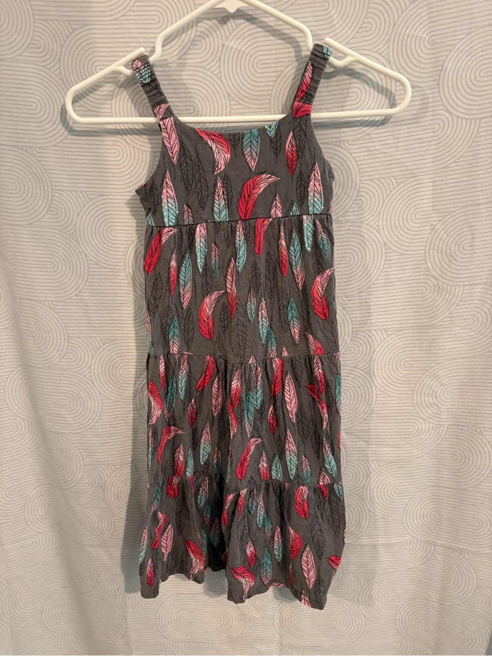 Mudd Girls' Gray Dress with Pink & Teal Feather Print